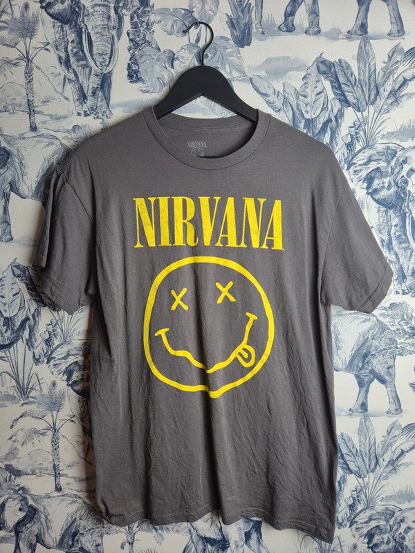 T-shirt Nirvana Gris Logo Smiley Jaune Rock Grunge Vintage Taille M