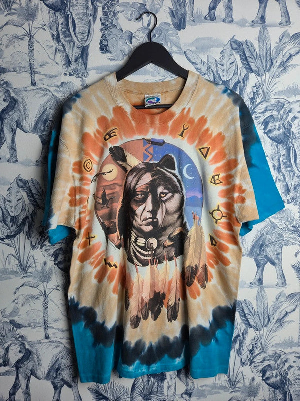 T-shirt Vintage Liquid Blue 1996 Amérindien Loup Tie-dye Taille L