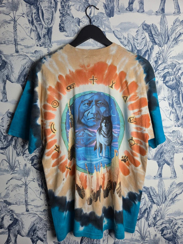 T-shirt Vintage Liquid Blue 1996 Amérindien Loup Tie-dye Taille L