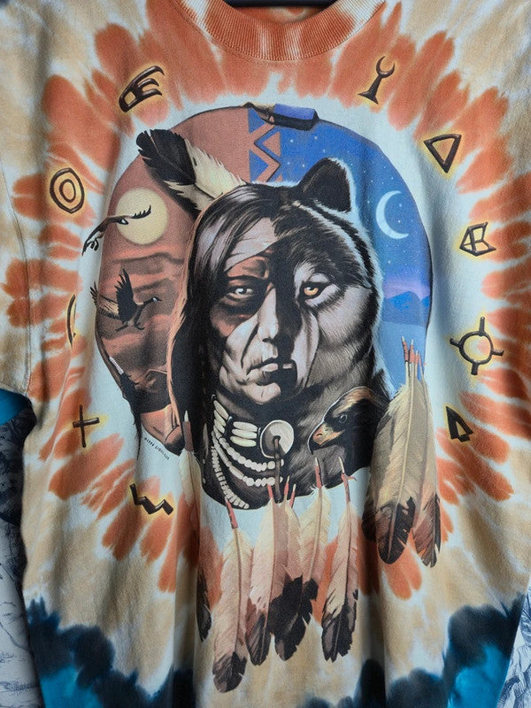 T-shirt Vintage Liquid Blue 1996 Amérindien Loup Tie-dye Taille L