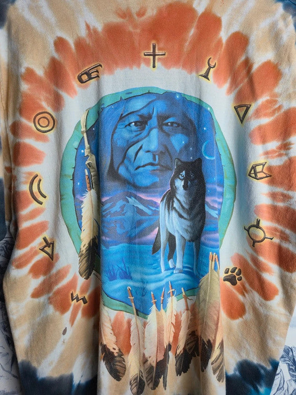 T-shirt Vintage Liquid Blue 1996 Amérindien Loup Tie-dye Taille L