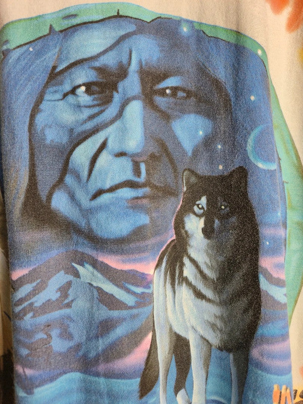 T-shirt Vintage Liquid Blue 1996 Amérindien Loup Tie-dye Taille L