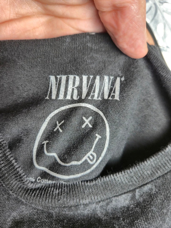 T-shirt Nirvana Gris Délavé Imprimé Smiley Jaune Vintage Taille S