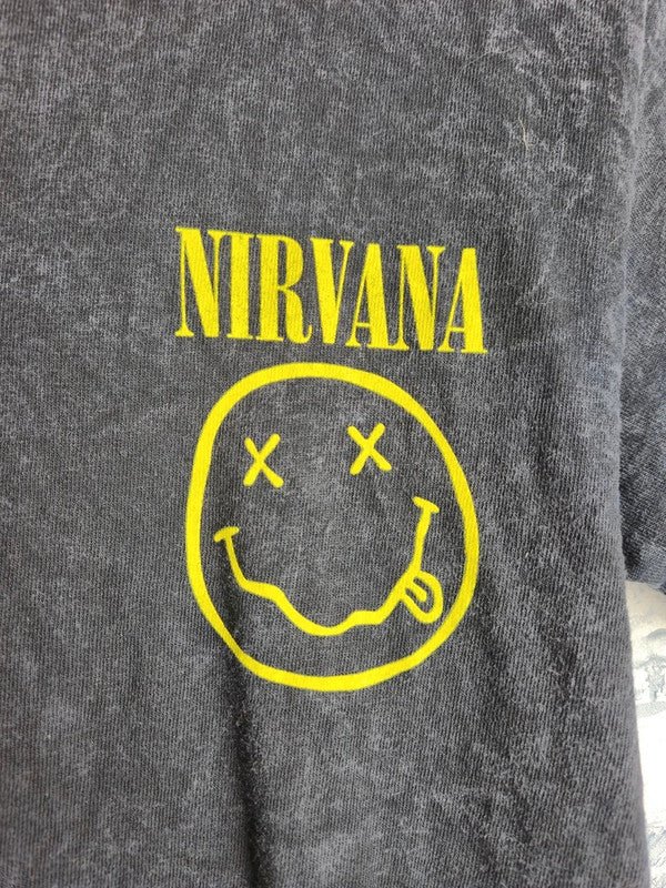T-shirt Nirvana Gris Délavé Imprimé Smiley Jaune Vintage Taille S