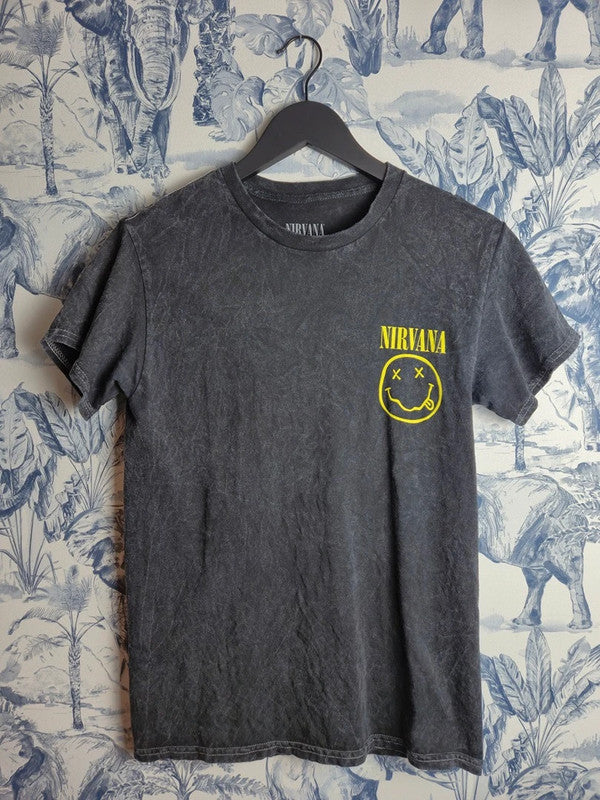 T-shirt Nirvana Gris Délavé Imprimé Smiley Jaune Vintage Taille S