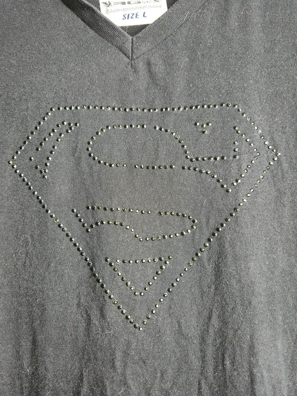 T-shirt noir Rg 512 Superman logo strass col V taille L collector vintage
