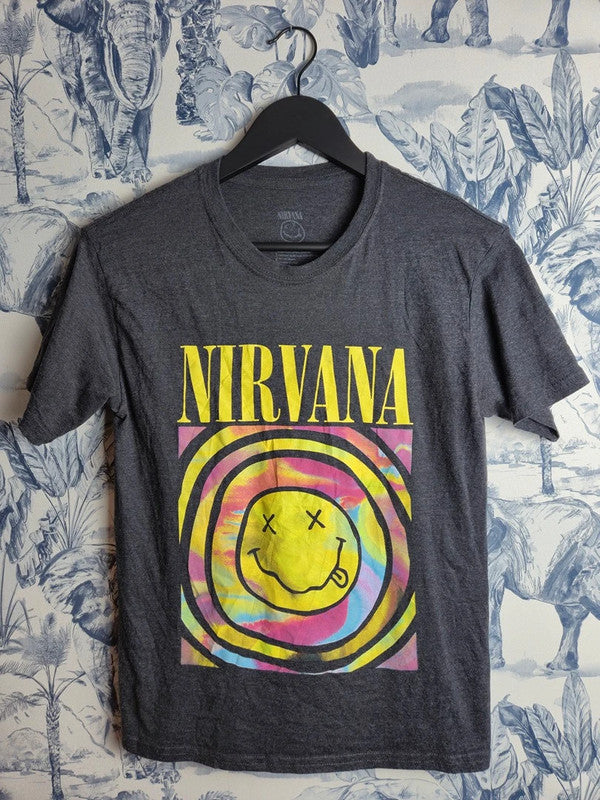 T-shirt Nirvana Rock Grunge Logo Smiley Gris Xs Chiné Mixte