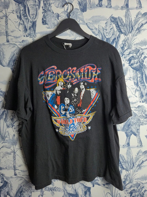 T-shirt Vintage Aerosmith World Tour 90s Rock Band Noir Taille L