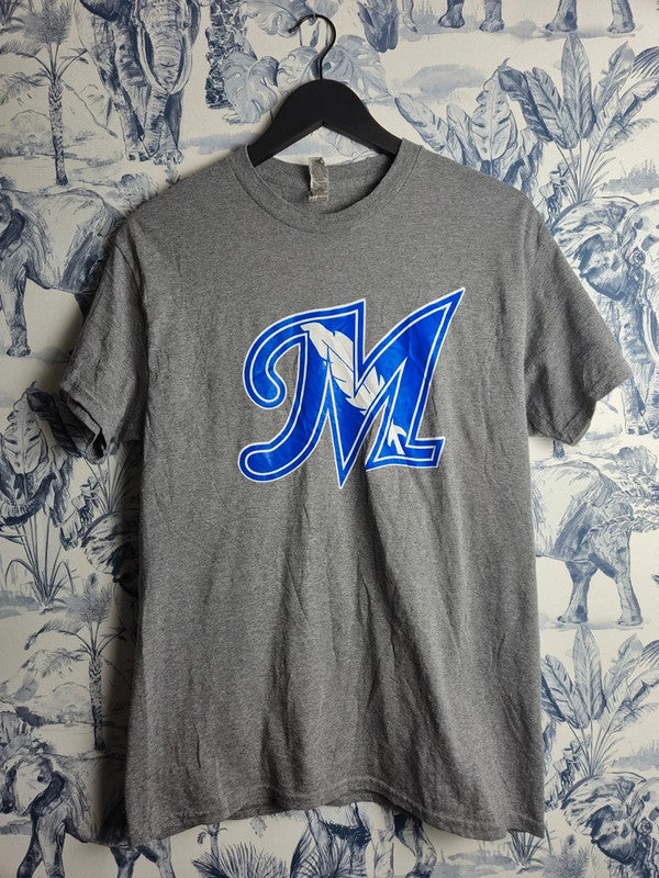 T-shirt gris Gildan imprimé logo M bleu style sport vintage taille M