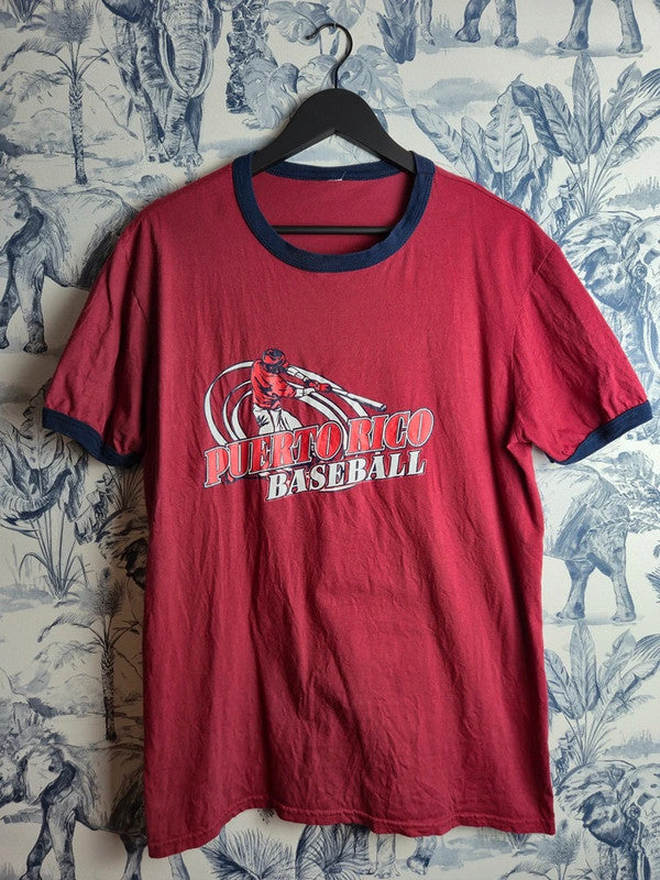 T-shirt Ringer Puerto Rico Baseball Vintage Rouge et Bleu Marine Taille M