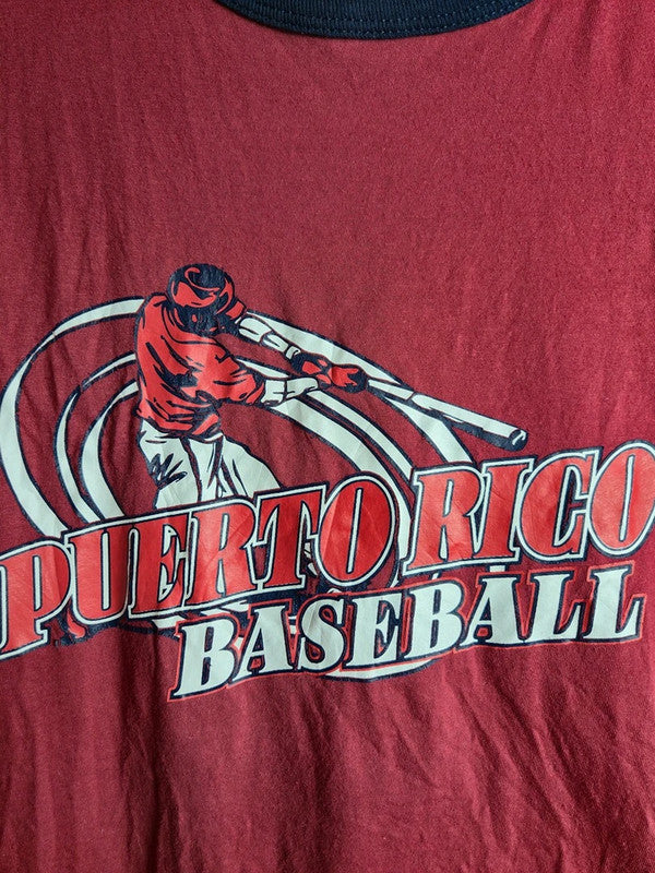 T-shirt Ringer Puerto Rico Baseball Vintage Rouge et Bleu Marine Taille M